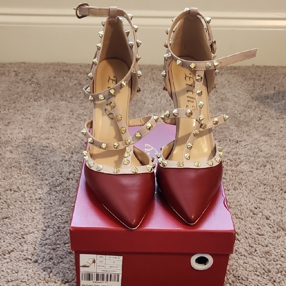 Etica Burgundy High Heeled Pumps with Straps and Studs
